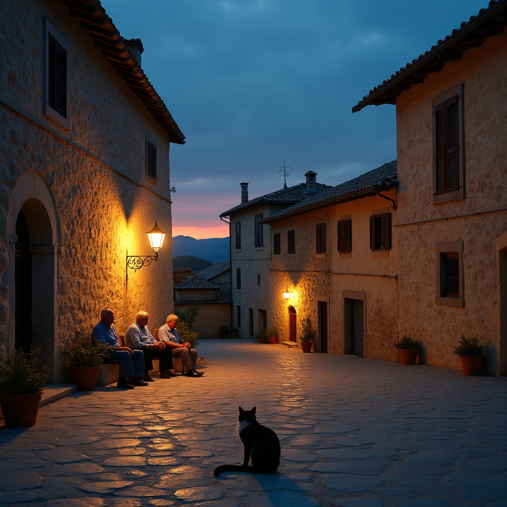 Piazza di un piccolo borgo del Sud Italia al tramonto con pochi abitanti seduti