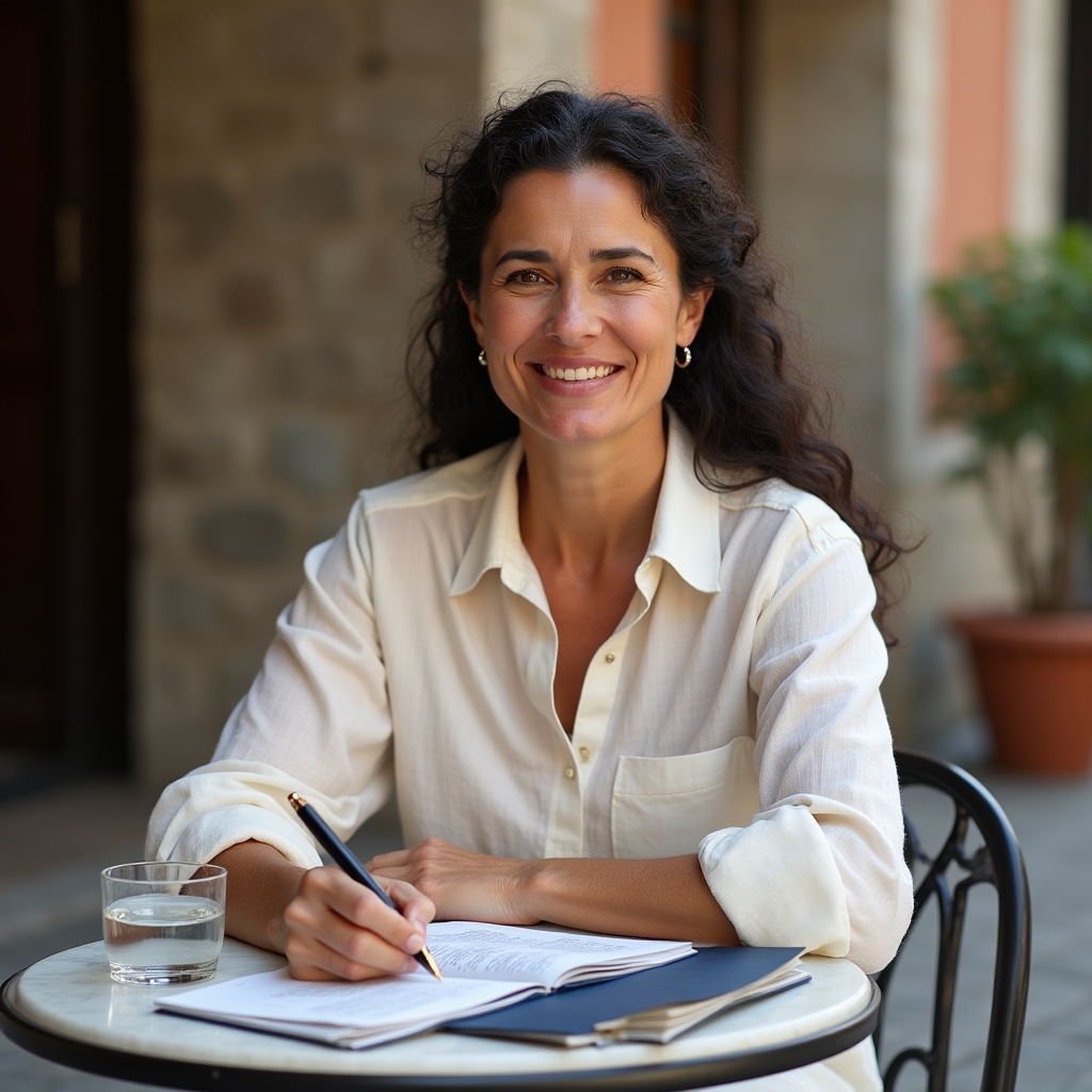 Persona che scrive su un taccuino da viaggio seduta in un caffè di un piccolo borgo